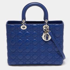 Pre Owned Dior Blue Cannage Leather Large Lady Dior Tote