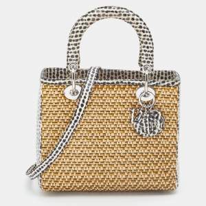 Pre Owned Dior Beige/Monochrome Woven Straw and Watersnake Medium Lady Dior Tote