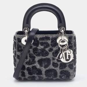 Pre Owned Dior Grey/Black Leopard Sequin, Leather and Wool Mini Lady Dior Tote