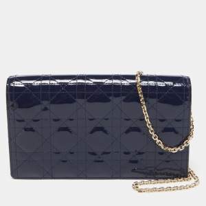 Pre Owned Dior Navy Blue Cannage Patent Leather Lady Dior Chain Clutch