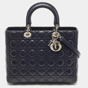 Pre Owned Dior Navy Blue Cannage Leather Large Lady Dior Tote