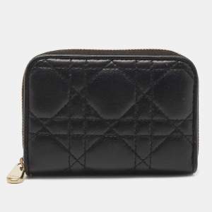 Pre Owned Dior Black Cannage Leather Compact Zip Around Wallet