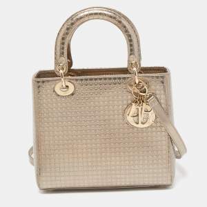 Pre Owned Dior Gold Micro Cannage Patent Leather Medium Lady Dior Tote