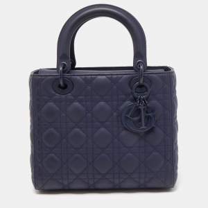 Dior Navy Blue Ultramatte Cannage Leather Medium Lady Dior Tote