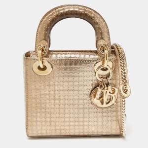 Dior Gold Microcannage Patent Leather Mini Lady Dior Tote