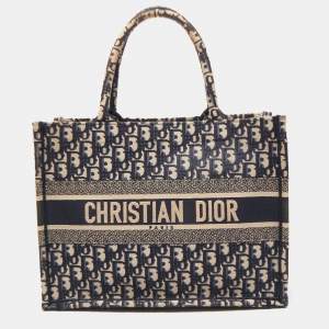 Dior Navy Blue Oblique Embroidered Canvas Medium Book Tote