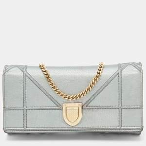 Pre Owned Dior Metallic Green Leather Diorama Wallet on Chain
