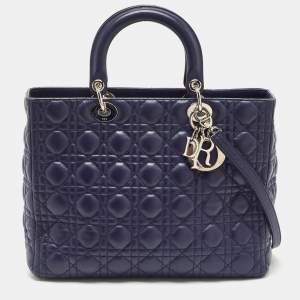 Pre Owned Dior Navy Blue Cannage Leather Large Lady Dior Tote