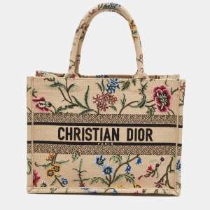Dior Natural/Multicolor Raffia Embroidered Petites Fleurs Medium Book Tote