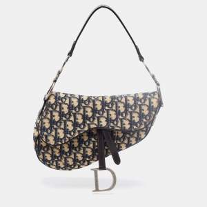Dior Navy Blue Oblique Canvas and Leather Saddle Bag