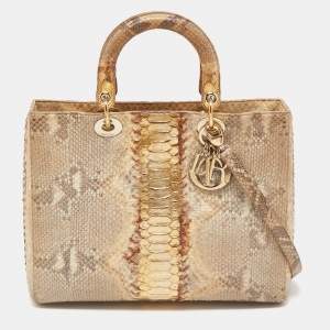 Pre Owned Dior Gold/Beige Python Large Lady Dior Tote