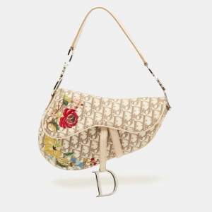 Dior Beige Oblique Canvas and Leather Floral Embroidered Saddle Bag