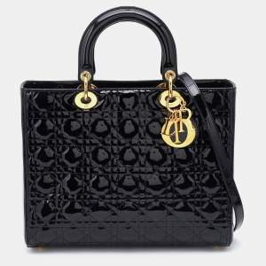 Dior Black Cannage Patent Leather Large Lady Dior Tote
