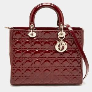 Pre Owned Dior Red Cannage Patent Leather Large Lady Dior Tote