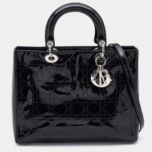 Pre Owned Dior Black Cannage Patent Leather Large Lady Dior Tote
