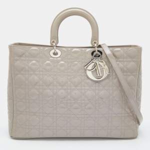 Pre Owned Dior Grey Cannage Patent Leather Extra Large Lady Dior Tote