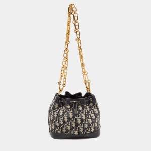 Pre Owned Dior Navy Blue Oblique Canvas and Leather Mini Bucket Bag