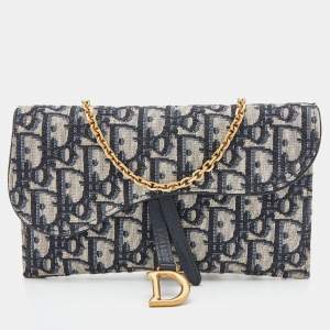 Pre Owned Dior Navy Blue Oblique Canvas and Leather Saddle Wallet On Chain