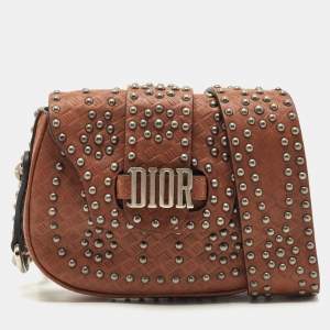 Pre Owned Dior Brown Leather Studded D-Fence Chain Crossbody Bag
