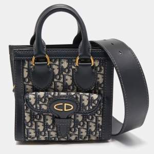 Pre Owned Dior Navy Blue Oblique Canvas and Leather Mini Tote