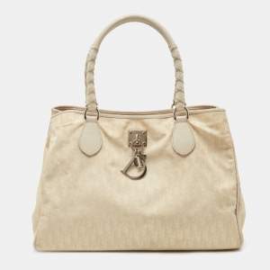 Pre Owned Dior Cream/White Oblique Nylon and Leather Lovely Tote