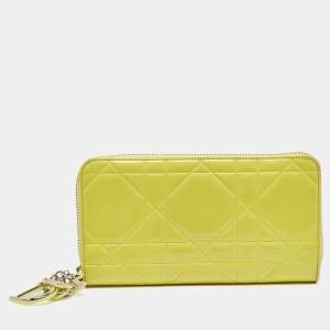Pre Owned Dior Yellow Cannage Patent Leather Zipped Long Wallet