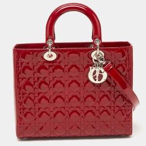 Pre Owned Dior Red Cannage Patent Leather Large Lady Dior Tote