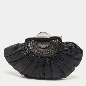 Pre Owned Dior Black Pleated Leather Frame Clutch