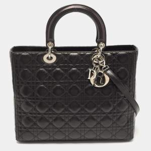 Pre Owned Dior Black Cannage Leather Large Lady Dior Tote