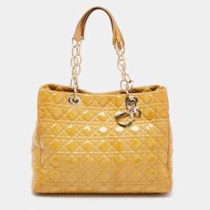 Pre Owned Dior Yellow Cannage Patent Leather Large Soft Lady Dior Shopping Tote