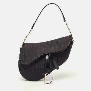 Pre Owned Dior Black Oblique Canvas and Patent Leather Saddle Bag