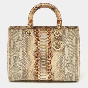 Pre Owned Dior Gold/Beige Python Large Limited Edition Lady Dior Tote