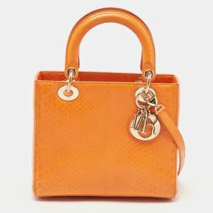 Pre Owned Dior Orange Python Medium Lady Dior Tote