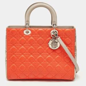 Pre Owned Dior Orange/Grey Quilted Leather And Python Large Lady Dior Tote