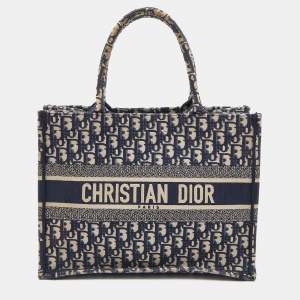 Dior Navy Blue Oblique Embroidered Canvas Medium Book Tote