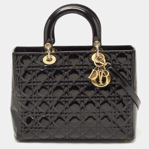 Pre Owned Dior Black Cannage Patent Leather Large Lady Dior Tote