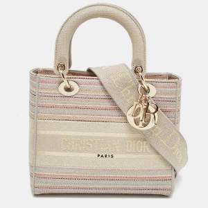 Pre Owned Dior Multicolor Stripe Embroidered Canvas Medium Lady D-Lite Tote