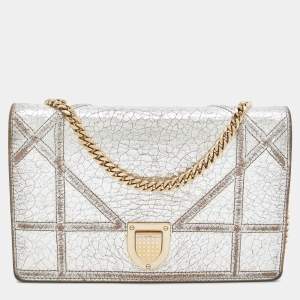 Pre Owned Dior Silver Crinkled Leather Diorama Wallet on Chain