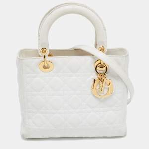 Pre Owned Dior White Lambskin Leather Medium Lady Dior Tote Bag