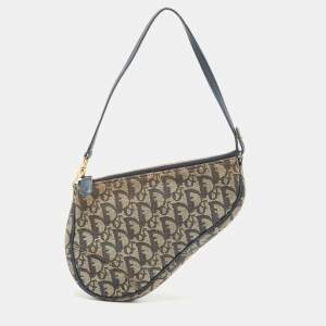 Pre Owned Dior Navy Blue Oblique Canvas and Leather Saddle Pochette Bag