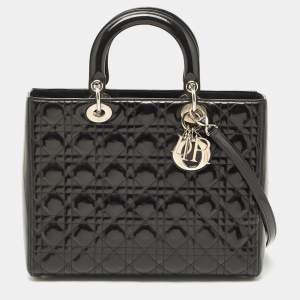 Pre Owned Dior Black Cannage Patent Leather Large Lady Dior Tote