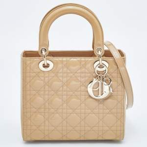 Pre Owned Dior Beige Cannage Patent Leather Medium Lady Dior Tote