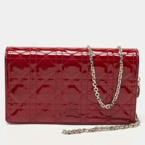 Pre Owned Dior Matte Red Cannage Patent Leather Lady Dior Pouch