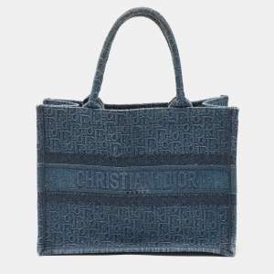 Pre Owned Dior Navy Blue Oblique Denim Medium Book Tote
