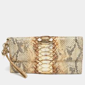 Pre Owned Dior Metallic Beige Python Wristlet Clutch