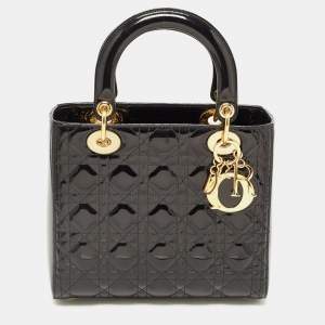 Dior Black Cannage Patent Leather Medium Lady Dior Tote
