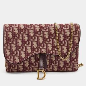 Dior Burgundy Oblique Canvas Saddle Wallet on Chain Bag