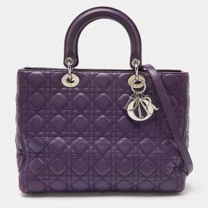 Pre Owned Dior Purple Cannage Soft Leather Large Lady Dior Tote
