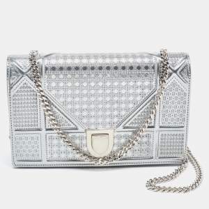 Dior SIlver Micro Cannage Patent Leather Diorama Wallet On Chain