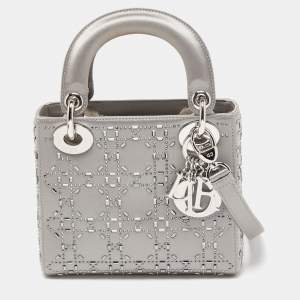 Dior Grey Rhinestone Cannage Satin Mini Lady Dior Tote